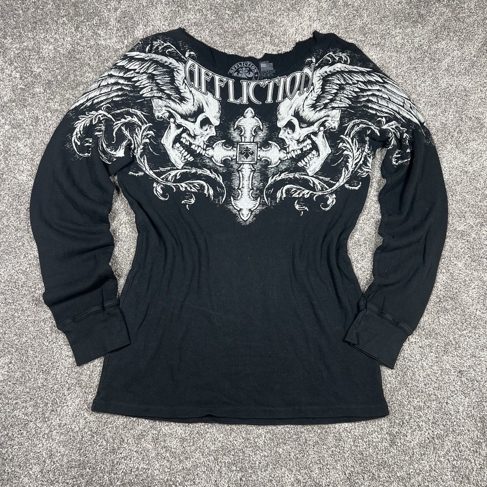 Vintage Y2K Affliction Shirt Women L Black Waffle Knit Thermal Graphic Grunge
